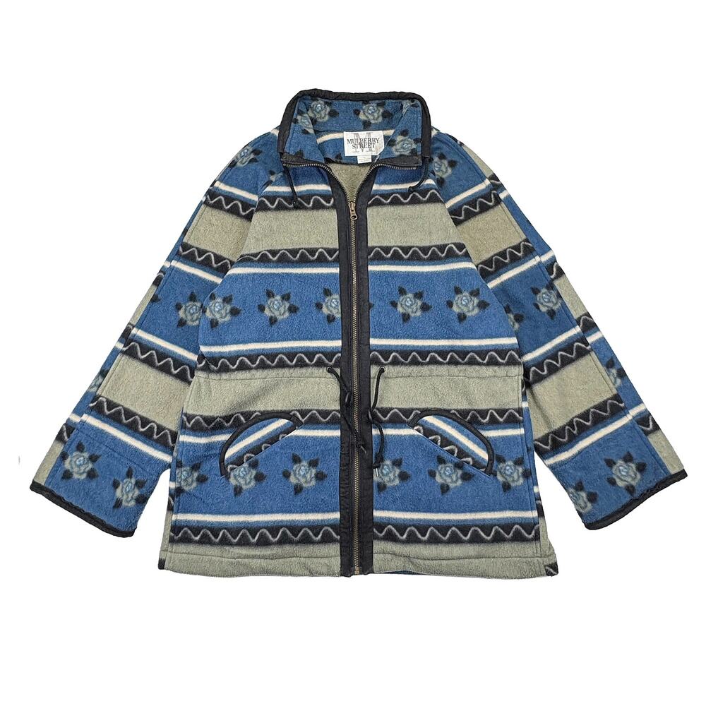 VTG Mulberry Street Floral Fleece Jacket Women L Blue Tan Outdoor Cabincore Boho
